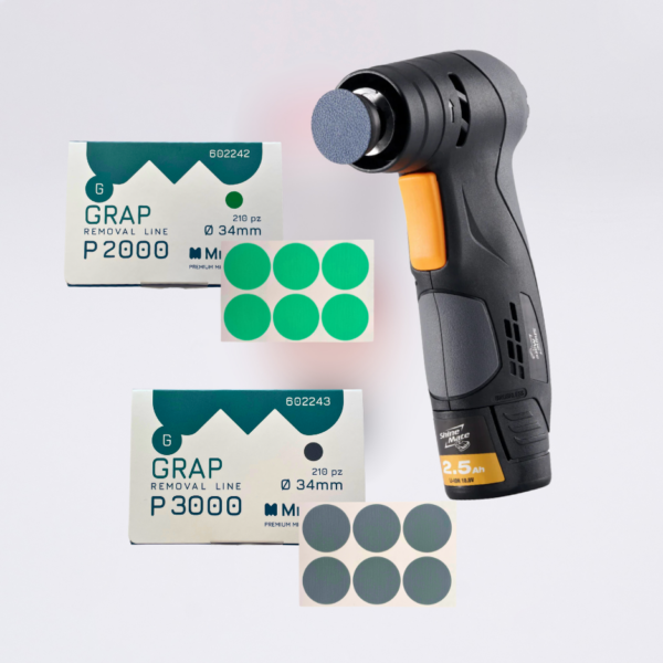 KIT MINI CARTEGGIATRICE ORBITALE A BATTERIA CON DISCHI ABRASIVI – 2.5AH – ORBITA 3 MM